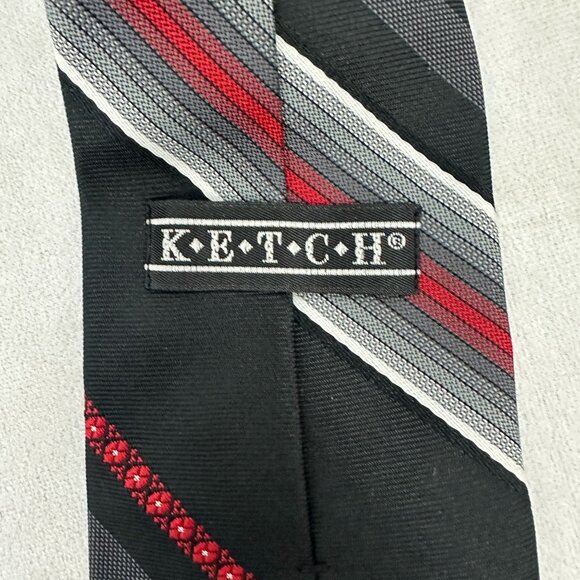 Ketch Mens Striped Necktie Black Gray Red Polyester Classic Formal Accessory - Picture 3 of 3